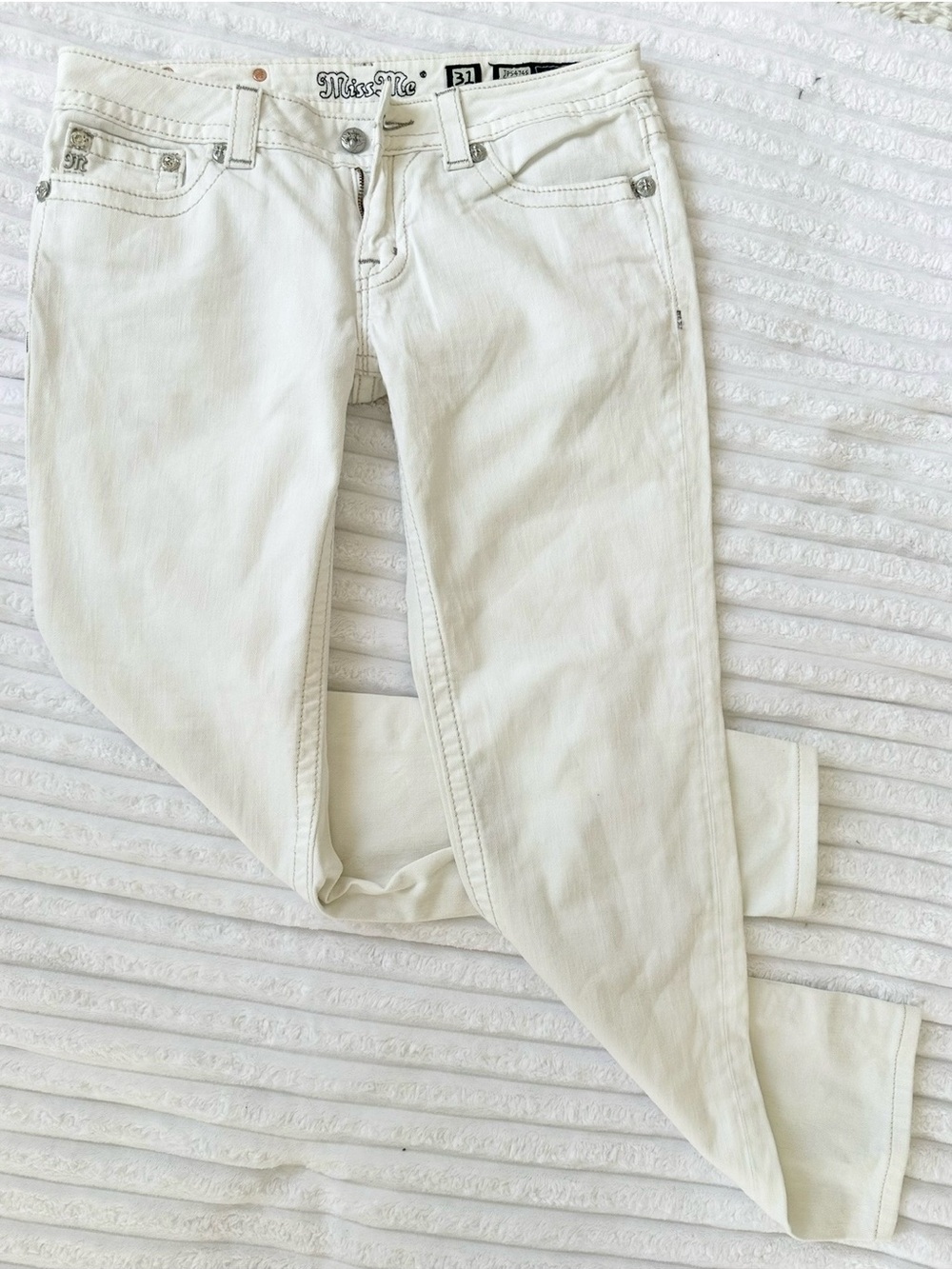 Miss Me Off-White Skinny Jeans with Silver Hardware